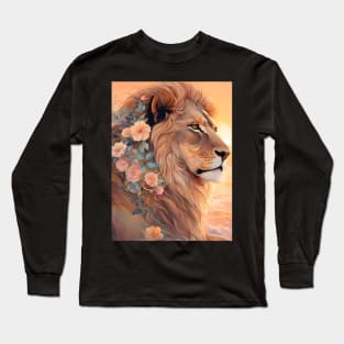 Floral Lion With Sunset Pastel Art Long Sleeve T-Shirt